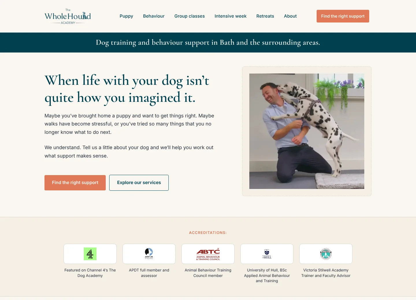 The Whole Hound Academy website home page, built by Our Man in the Fifth.